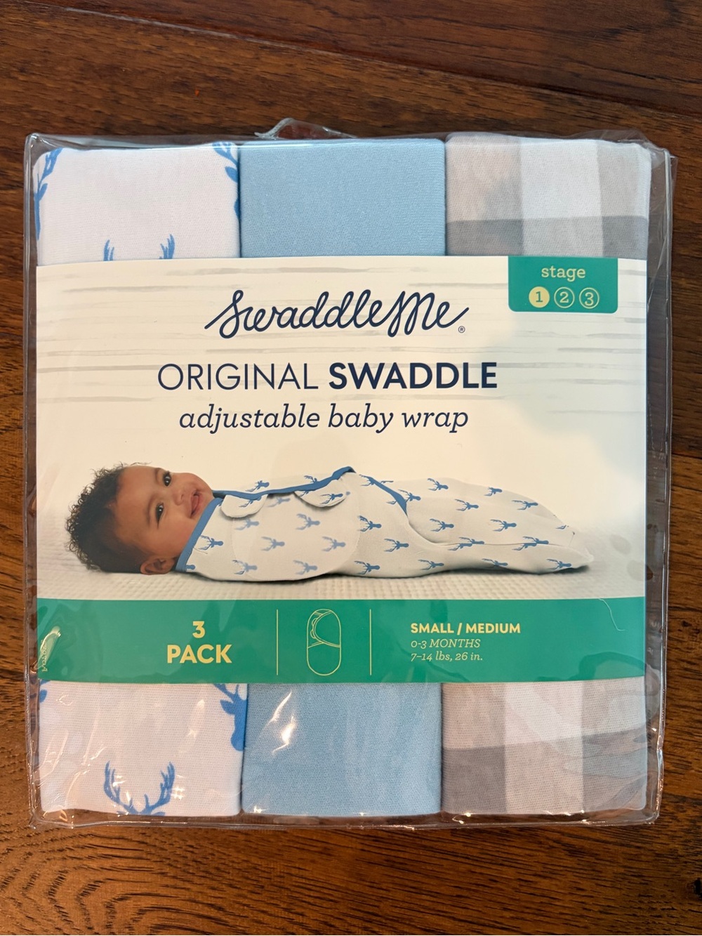 swaddleme 3-pack original swaddles in blue/gray print size s/m 0-3 months